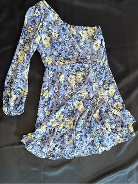 Floral One-Shoulder Blue Ruffle Mini Dress